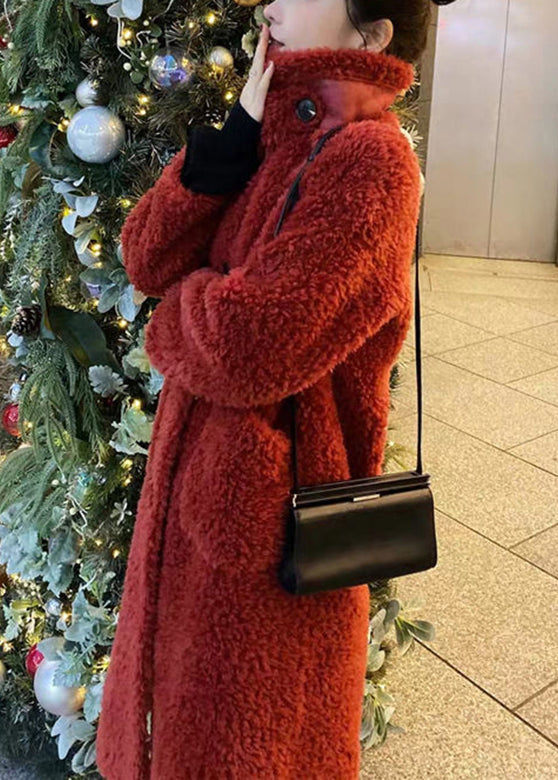 Women Chocolate Colour Stand Collar Button Faux Fur Maxi Coats Winter