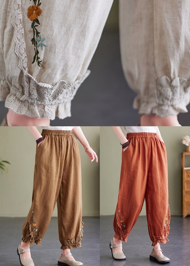 Women Coffee Embroideried Elastic Waist Linen Crop Pants Summer