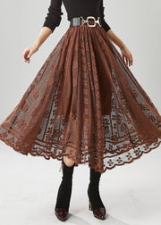 Women Coffee Hollow Out Exra Large Hem Lace Skirts Fall