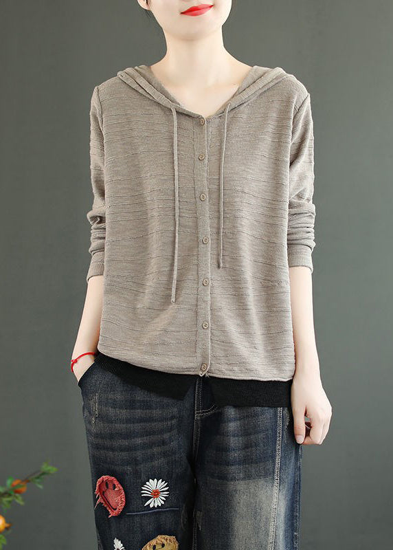 Women Coffee Hooded Button Patchwork Knitting Cotton Top Fall