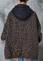 Women Coffee Hooded Leopard Print Warm Fleece Coat Spring