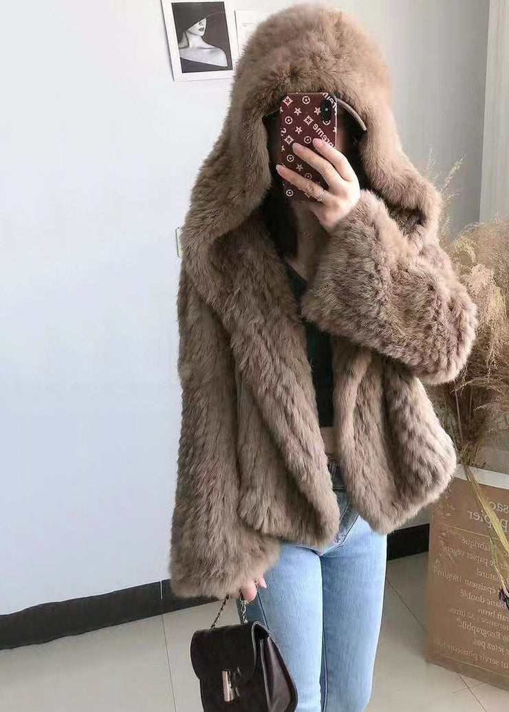 Women Chocolate Hooded Solid Color Rabbit Hair Knit Jacket Winter