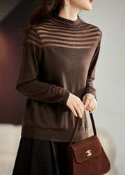 Women Coffee Nail Bead Tulle Patchwork Knit Top Long Sleeve