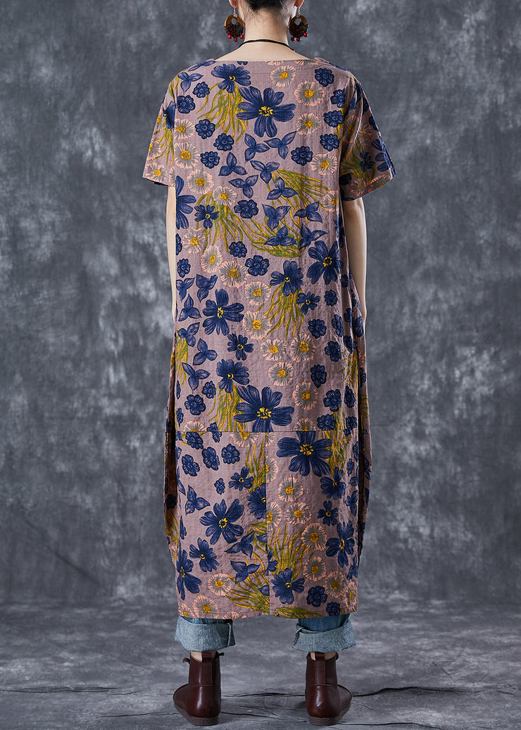 Women Coffee O-Neck Floral Print Linen Long Dress Summer