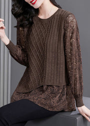 Women Coffee O-Neck Knit Patchwork Fake Two Pieces Top Fall