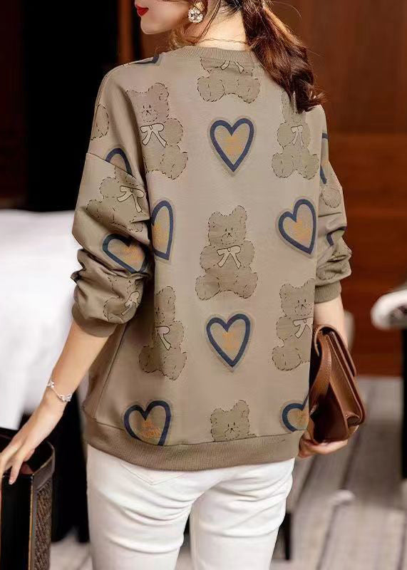 Women Coffee O Neck Print Patchwork Cotton Sweatshirt Fall