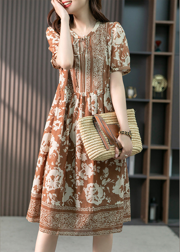 Women Coffee O-Neck Print Patchwork Silk Long Dress Summer