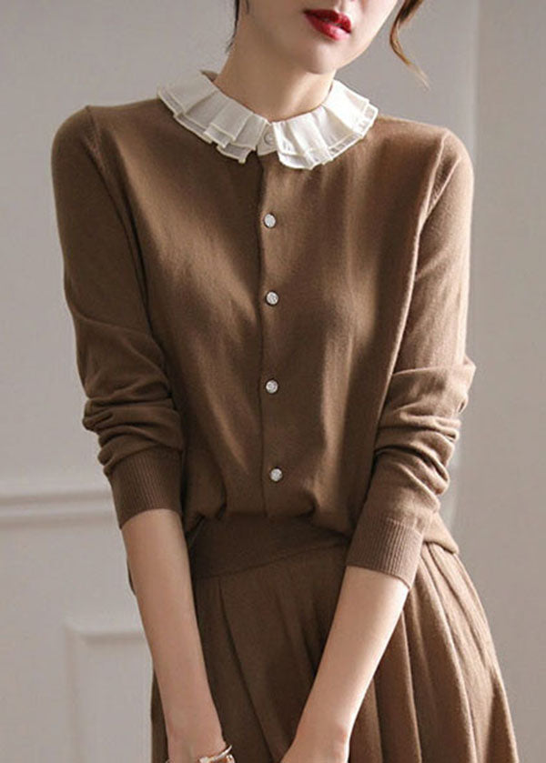 Women Chocolate O-Neck Ruffled Patchwork Cashmere Cardigans Spring