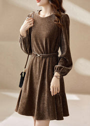 Women Coffee O Neck Sashes Patchwork Silk Velour Mid Dress Spring