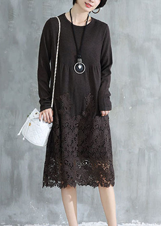 Women Coffee O Neck Wrinkled Lace Patchwork Knit Dress Fall