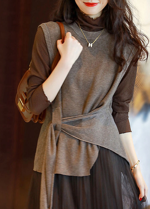 Women Chocolate O-Neck asymmetrical design thick Knit vest Sleeveless