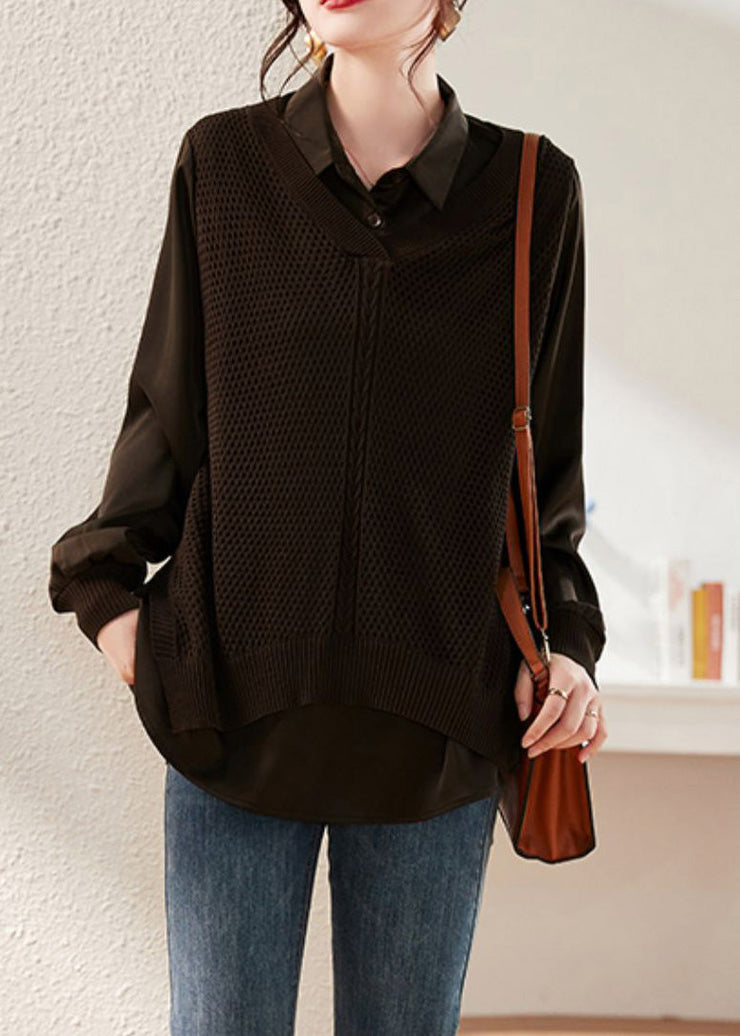 Women Coffee Peter Pan Collar Knit Patchwork Satin Shirts Long Sleeve