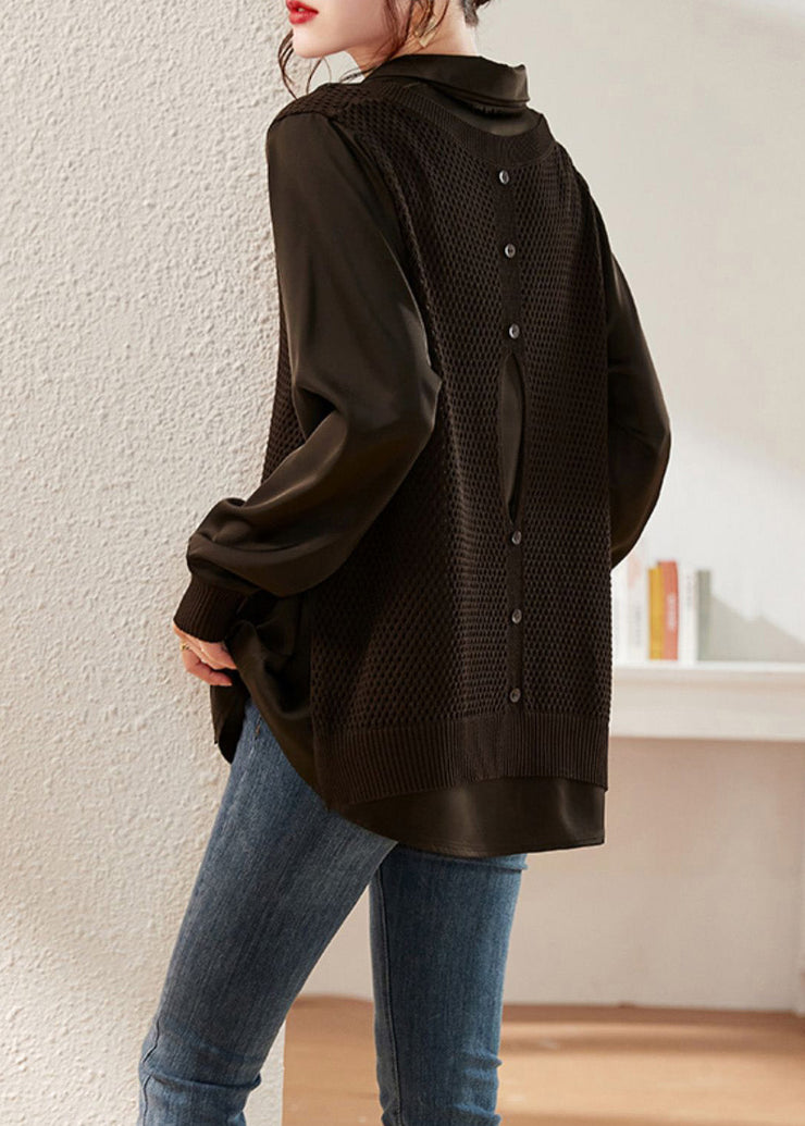 Women Coffee Peter Pan Collar Knit Patchwork Satin Shirts Long Sleeve