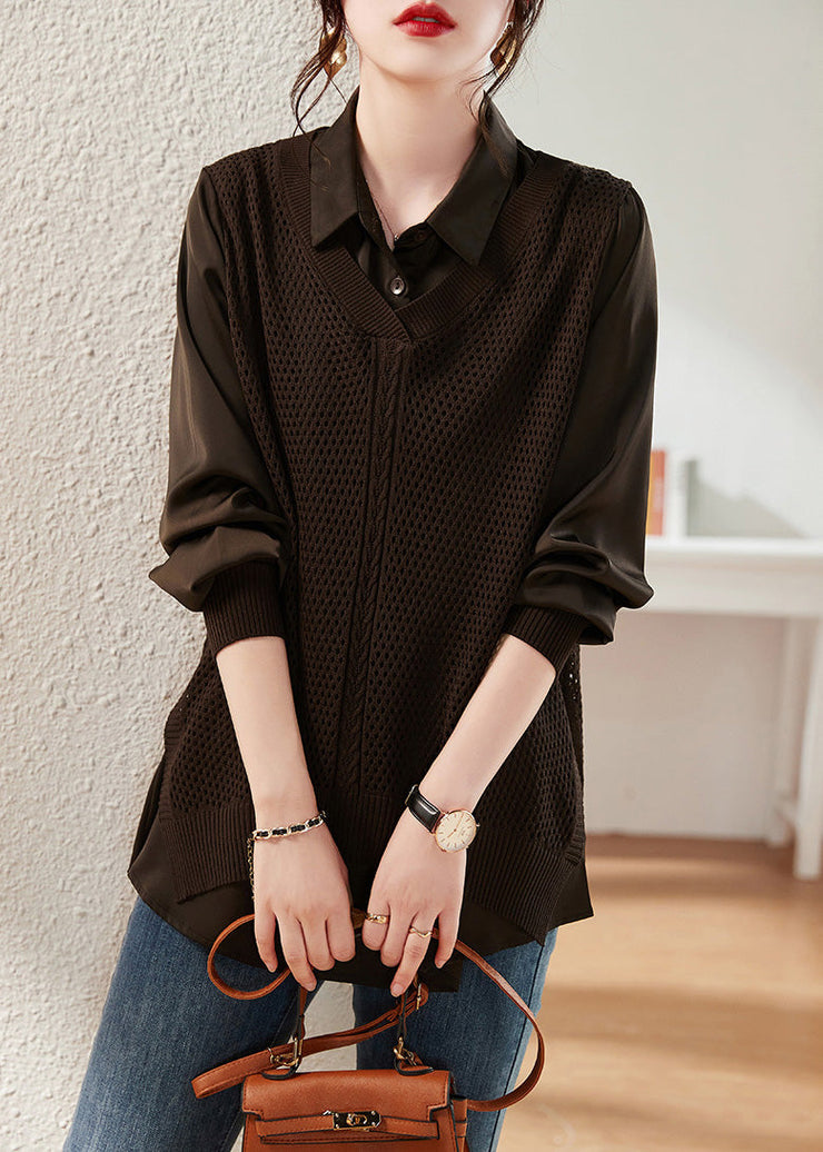 Women Coffee Peter Pan Collar Knit Patchwork Satin Shirts Long Sleeve