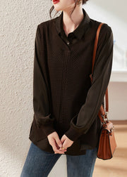 Women Coffee Peter Pan Collar Knit Patchwork Satin Shirts Long Sleeve