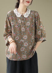 Women Coffee Peter Pan Collar Print Cotton Shirt Summer