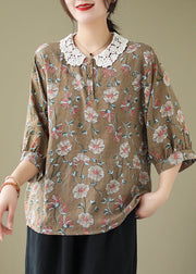 Women Coffee Peter Pan Collar Print Cotton Shirt Summer