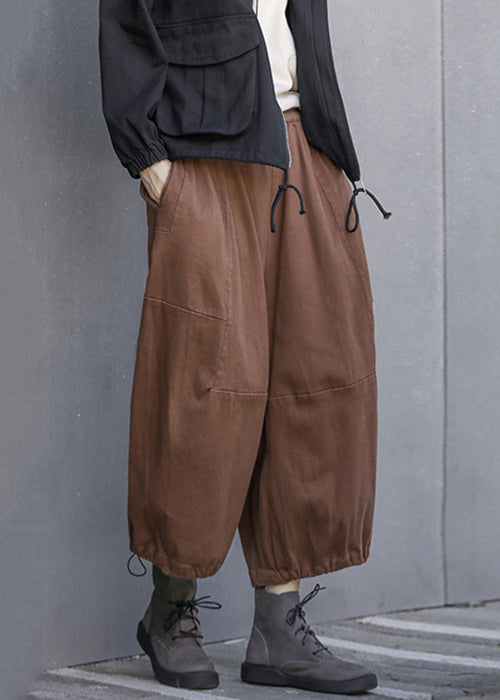 Women Coffee Pockets Elastic Waistk Cotton Crop Pants Summer