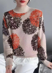 Women Coffee Print Patchwork Cozy Knit Top Long Sleeve