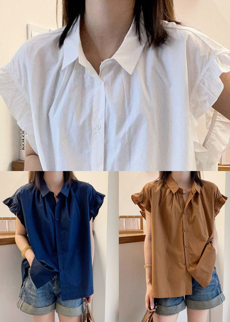 Women Coffee Ruffled Button Patchwork Cotton Top Summer