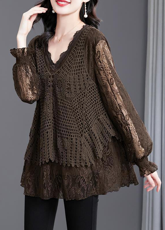 Women Coffee Ruffled Hollow Out Patchwork Knit Shirt Tops Fall