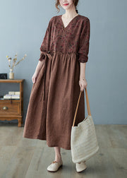 Women Coffee Ruffled Tie Waist Oriental Linen Dresses Spring