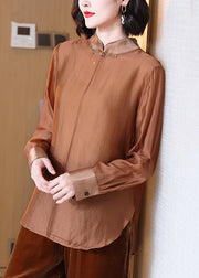 Women Coffee Stand Collar Button Cotton Shirt Spring