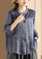 Women Coffee Stand Collar Button Patchwork Linen Shirts Summer