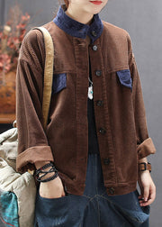 Women Chocolate Stand Collar Patchwork Corduroy Coats Spring