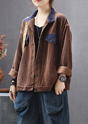 Women Chocolate Stand Collar Patchwork Corduroy Coats Spring