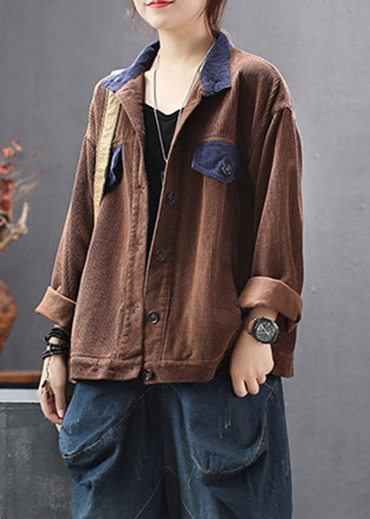 Women Chocolate Stand Collar Patchwork Corduroy Coats Spring