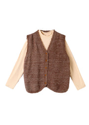 Women Coffee Tasseled Knit Vest And Cotton Top Two Pieces Set Winter