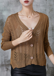 Women Coffee V Neck Hollow Out Knit Cardigans Spring