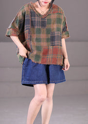 Women Chocolate V Neck Patchwork Plaid Cotton Linen Tops Short Sleeve