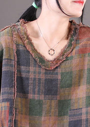 Women Chocolate V Neck Patchwork Plaid Cotton Linen Tops Short Sleeve