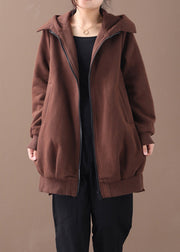 Women Chocolate Zippered Low High Design Hooded Coats Long Sleeve