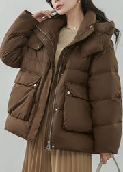 Women Coffee Zippered Pockets Patchwork Duck Down Coat Winter