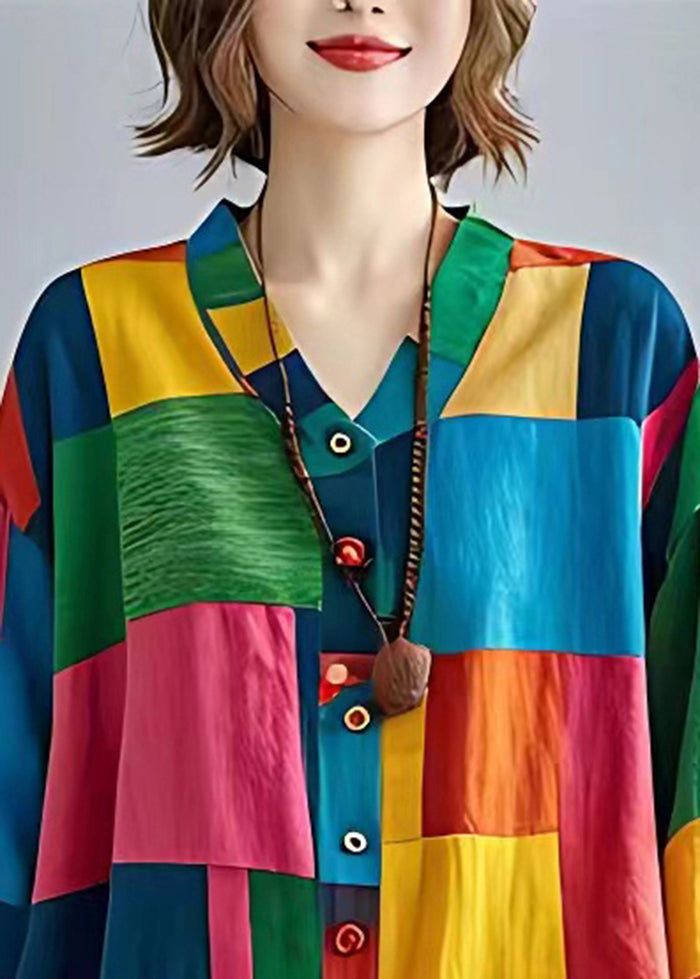 Women Colorblock Asymmetrical Applique Linen Blouses Bracelet Sleeve