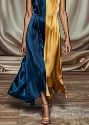 Women Colorblock Asymmetrical Patchwork Draping Silk Long Dress Summer