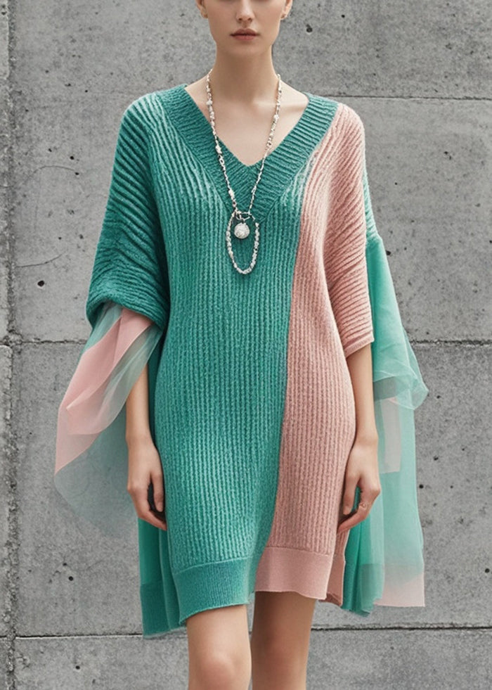 Women Colorblock Asymmetrical Patchwork Knit Sweater Dress Fall