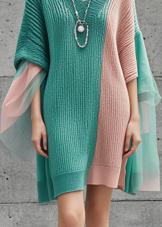 Women Colorblock Asymmetrical Patchwork Knit Sweater Dress Fall