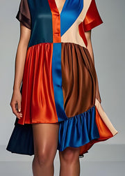 Women Colorblock Asymmetrical Patchwork Silk Dress Summer