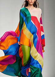 Women Colorblock Asymmetrical Patchwork Silk Maxi Dresses Long Sleeve