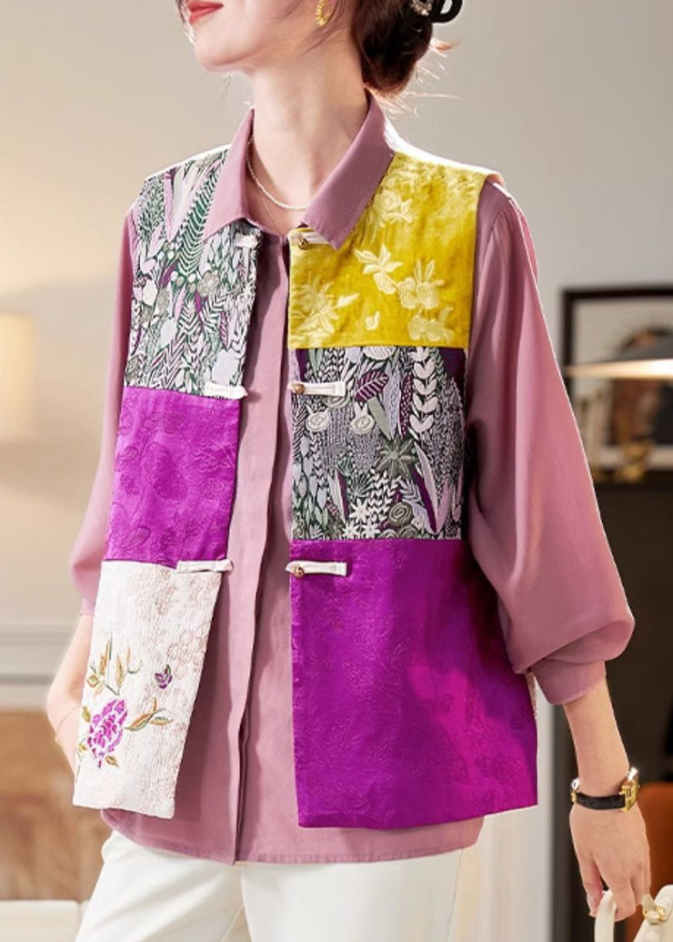 Women Colorblock Embroidered Button Silk Waistcoat Sleeveless