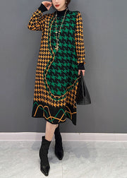 Women Colorblock Hign Neck Original Design Plaid Long Knit Dress Winter