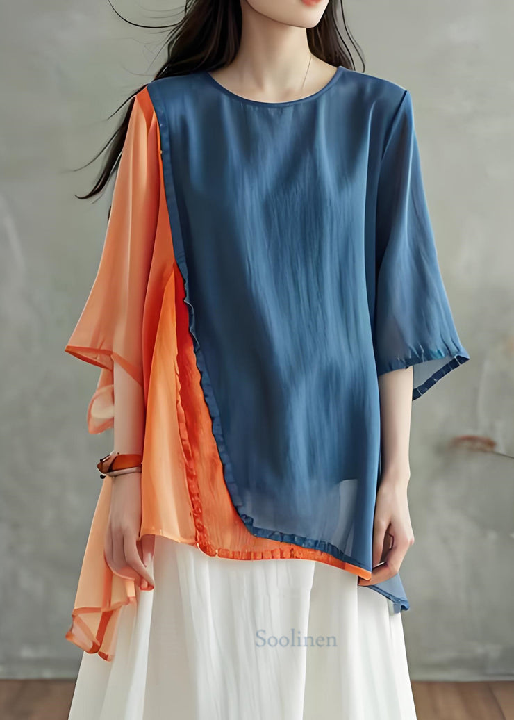 Women Colorblock O Neck Asymmetrical Design Cotton Top Summer