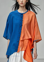 Women Colorblock O-Neck Asymmetrical Patchwork Cotton Top Summer