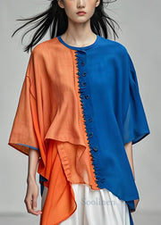 Women Colorblock O-Neck Asymmetrical Patchwork Cotton Top Summer