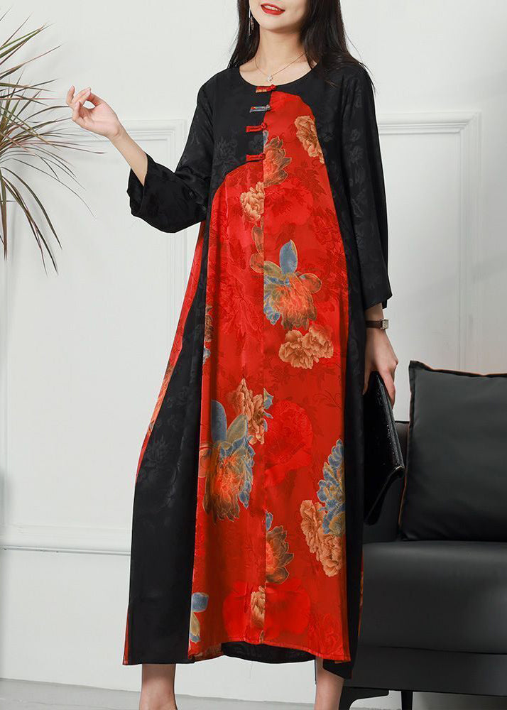 Women Colorblock O-Neck Patchwork Chinese Button Jacquard Silk Long Dress Spring