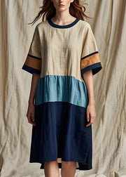Women Colorblock O Neck Patchwork Cotton Dresses Summer